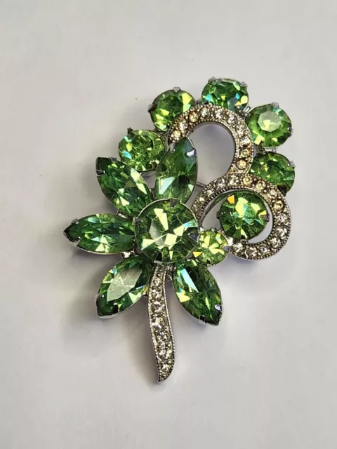 Vintage 1960s Eisenberg Ice Green Crystal Rhinestone Flower & Bow Brooch Jewelry