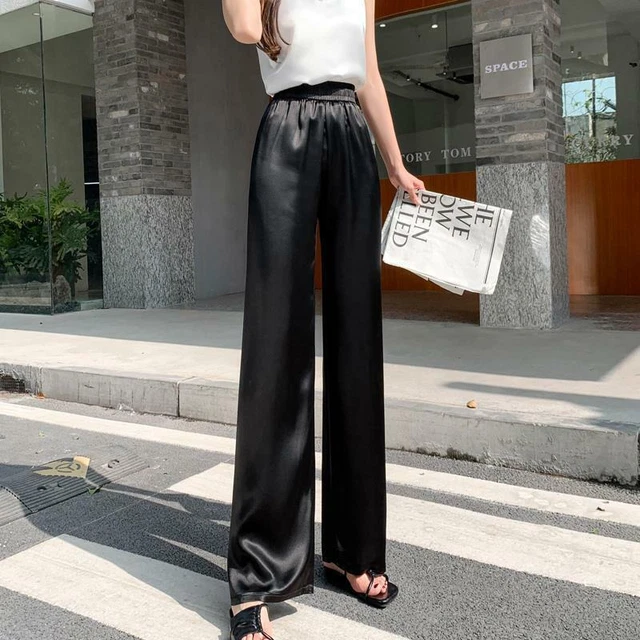 Pantalon Femme Large Jambes Droit - Taille Haute En Viscose - Rayé Blanc - Élastique Confortable