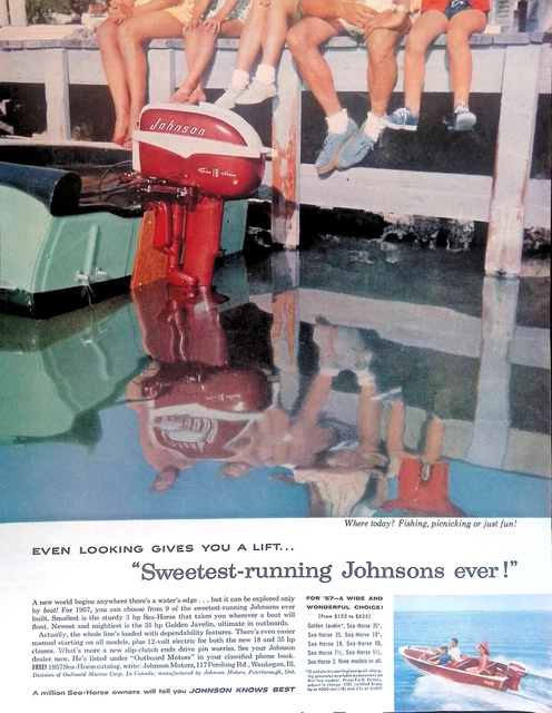 Johnson Outboard Motors Sea-Horse Sweet Running 1957 Print Ad Ephemera 11"X14"
