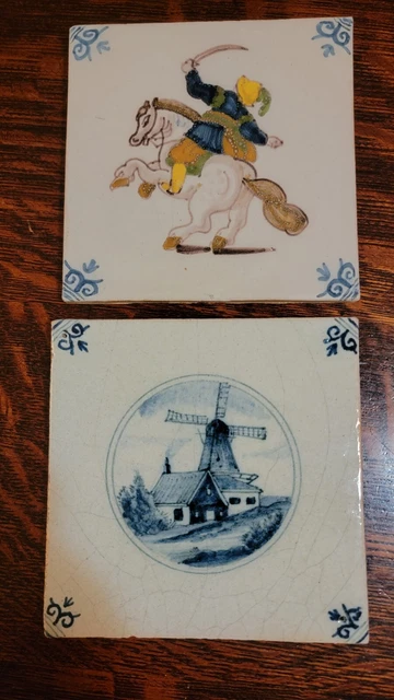 2 Hand Painted Dutch Delft Wall Tiles, 19th Centurt Solder & Windmill scenes