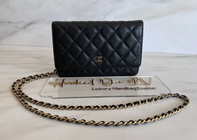 Authentic Chanel WOC Wallet On Chain Black Caviar Leather & Gold Hardware EUC