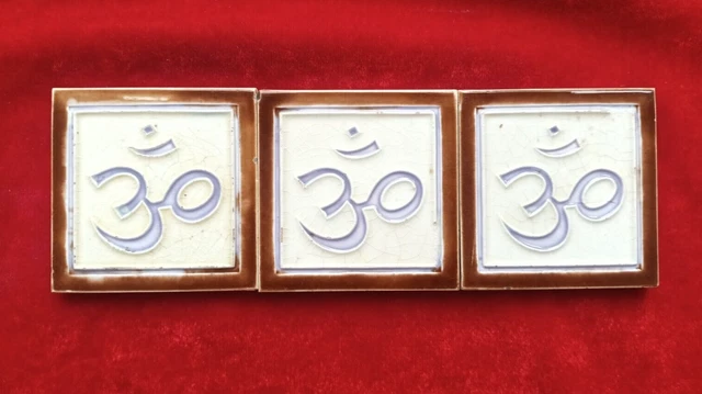 3 Pieces Lot Art Deco Om Design Embossed Majolica Ceramic Tiles Japan 0337