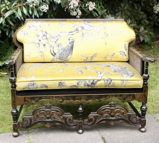 Liberty Of London Style Black Lacquered Chinoiserie 2 Seater Sofa