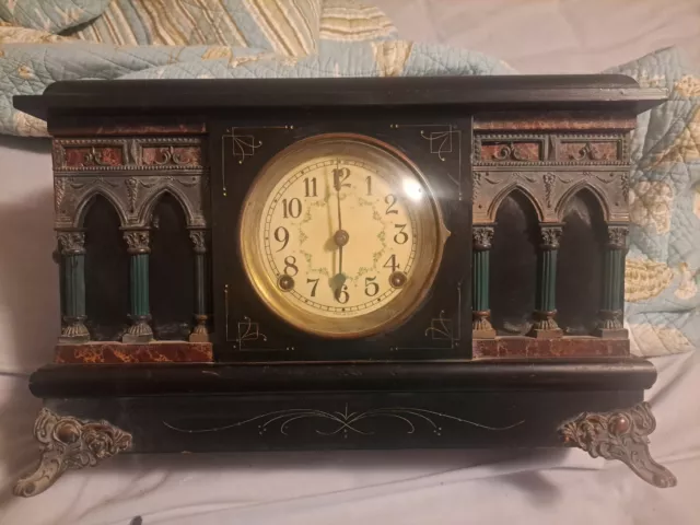 Antique Sessions Clock Co. Mantle Clock Piece Key Wind & Pendulum Cathedral Gong