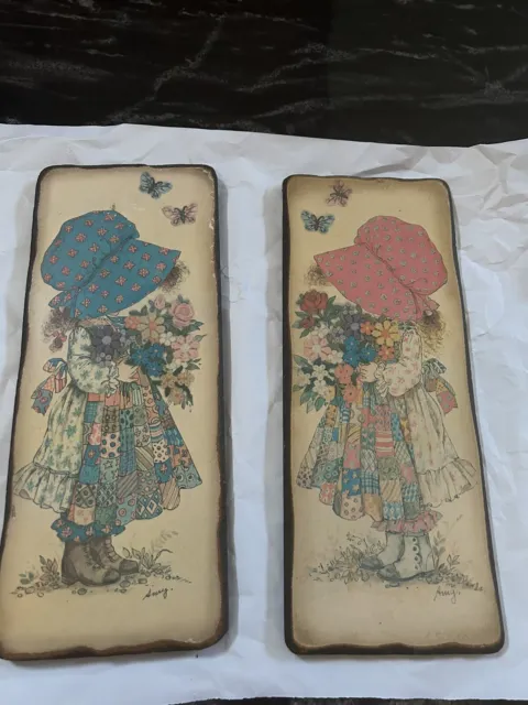 Vintage Holly Hobbie Decoupage Pair. large and thick solid wood. from the 1960’s