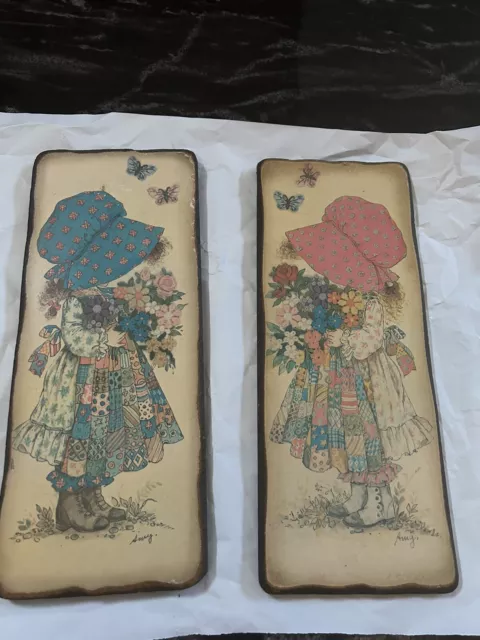 Vintage Holly Hobbie Decoupage Pair. large and thick solid wood. from the 1960’s