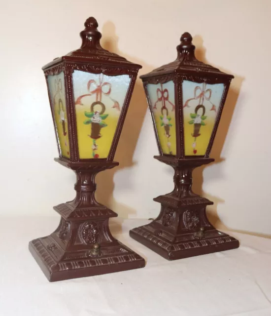 pair of antique vintage ornate reverse painted glass metal table boudoir lamps