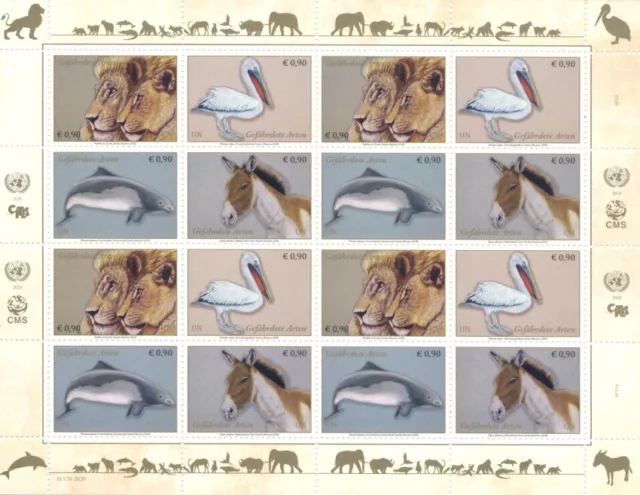 Uno Wien - 2020 Gefährdete Arten Kleinbogen 1078-81 Tiere Esel Löwe Pelikan Wal