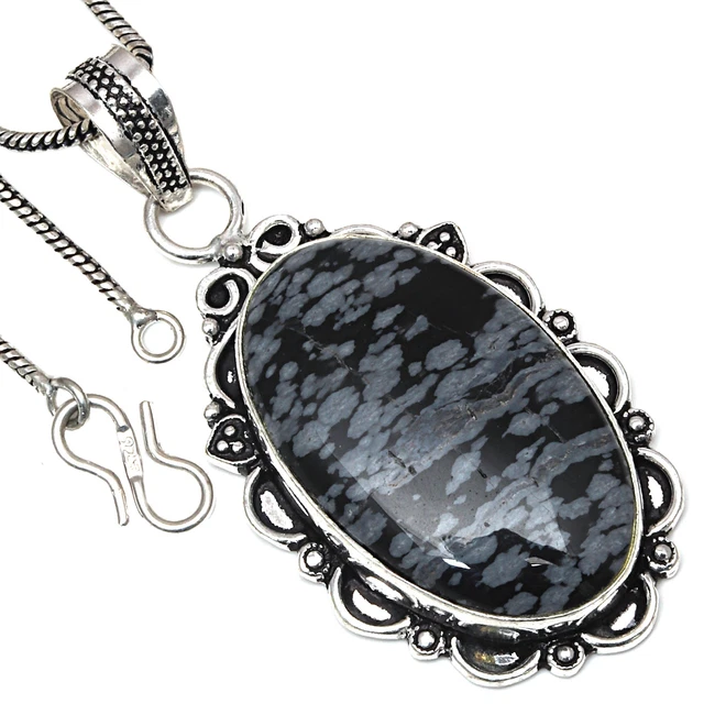Pendant Snowflake Obsidian Gemstone Valentine'Day Gift Silver Jewelry 2.25"