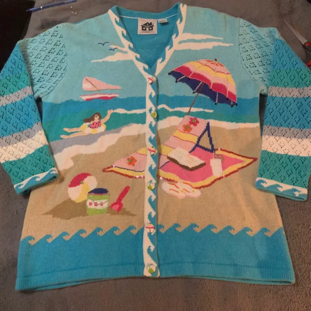 Vintage Storybook Knits Beach Sweater HSN Size Large Beach Motif Ocean