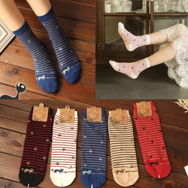 Lovely Colorful Animal Cartoon Stripe Cotton Socks Footprint Cat  Ankle High