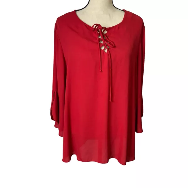 Est 1946 Blouse Womens 18/20W Plus Size Red Pop Over Tie Front Bell Sleeve