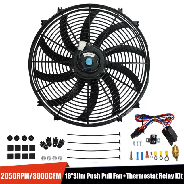 16"Electric Radiator Fan High 3000 Cfm Thermostat Wiring Switch Relay Kit Black