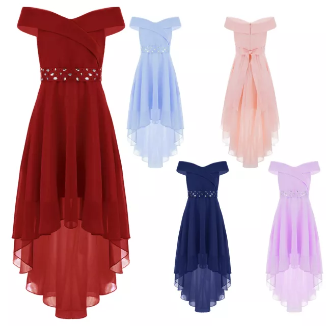 Kids Girls Off Shoulder Bridesmaid Dress Asymmetric Birthday Party Evening Dress