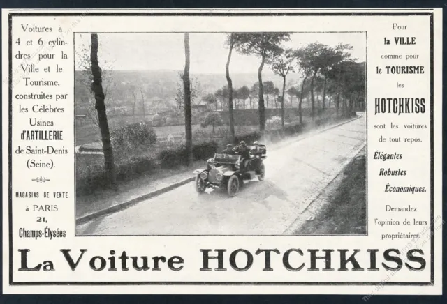 1911 Hotchkiss car open touring model photo unusual French vintage print ad