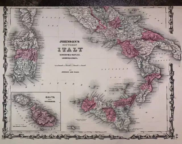 Authentic Antique 1863 Johnson Atlas Map ~ SOUTHERN ITALY ~ (14x18) -#1441