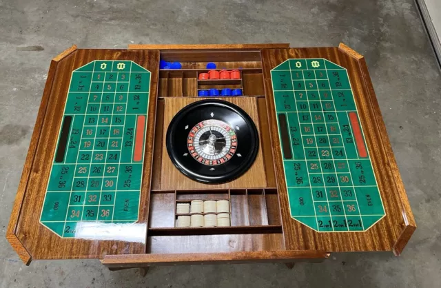 1960s Italian Inlaid Wood Multi Game Table With Roulette, Checkers/Chess,  Backgammon