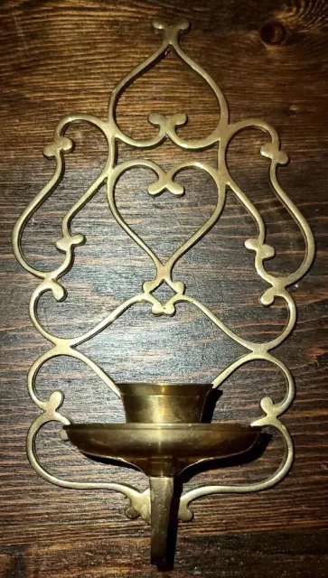 Brass Candle Holder Wall Sconce Hanging 8.5" x 5 1/8"  Vtg Scroll Hearts Design