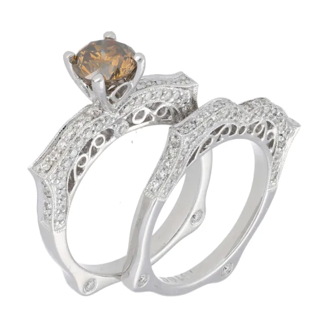 18k White Gold 1.05ct Cognac Diamond Engagement Wedding Set Ring's Size 6.5