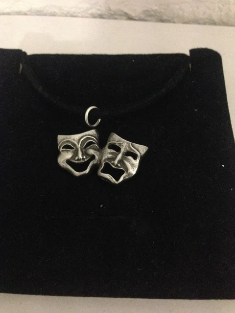 Comedy & Tragedy R139 English Pewter Emblem on a Black Cord Necklace Handmade