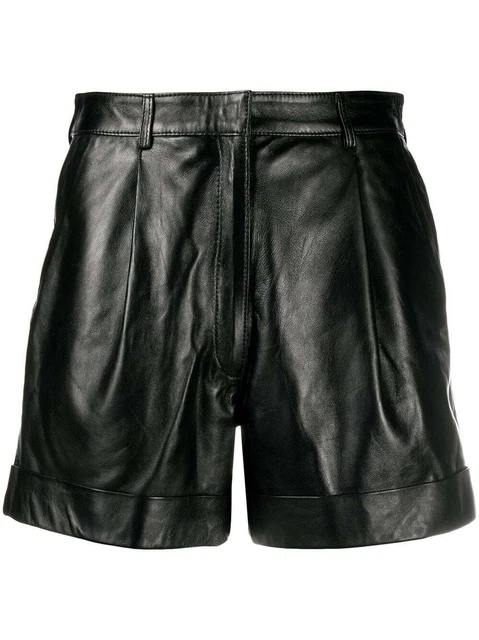 Originale pelle D'Agnello Pantaloncini Nero Vera Pieghe Bermuda Designer Slip