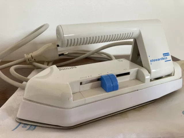 VINTAGE PHILIPS STEWARDESS dual voltage TRAVEL IRON,FOLDABLE IN BAG - 2 PIN PLUG