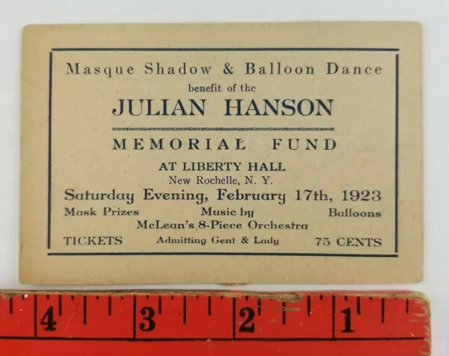 Vintage 1923 Masque Shadow Balloon Dance Liberty Hall Rochelle New York Ticket