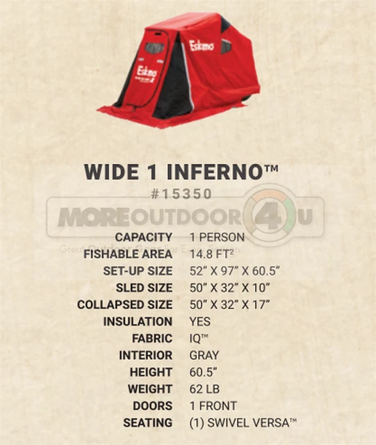 15350 Eskimo WIDE 1 Inferno Insulated 1 Man Tow Ice Shelter Shanty Sled Fishing