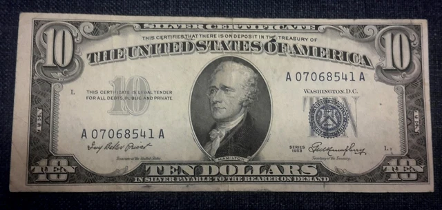 1953 Series $10 Silver Certificate key year issue Very Fine bright note