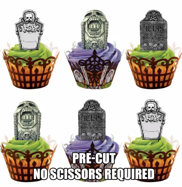 PRE-CUT Tombstone - Edible Cupcake Toppers Decorations Halloween Birthday Party