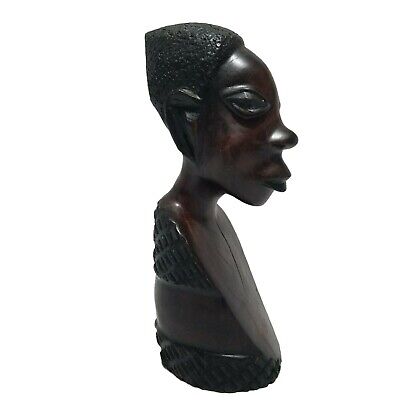 Hand Carved Tribal Ebony Wood African Womans Head Bust Figure Sculpture Folk Art