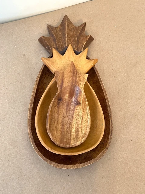 Vintage Pineapple Hand Carved Wooden Bowls | Made in the Philippines | Set of 3
