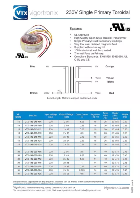 Vigortronix 120 VA Netz Ringkerntransformator 0 230 V 2 x 15 V VTX 146 120 115 2