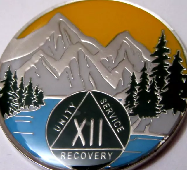 Moneda medallón de plata azul montaña verde Alcohólicos anónimos 12 años AA ficha