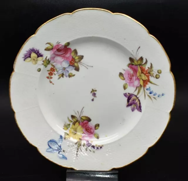 Rare Antique Early 19thC Derby Osier Moulded Plate Superb Painting Flowers