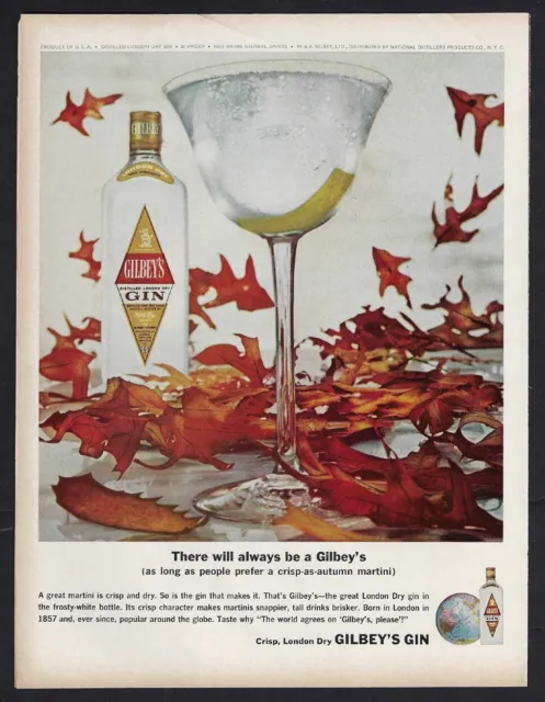 1964 GILBEY'S GIN MARTINI Print Ad "crisp-as-autumn martini"