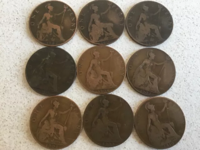 Full Set of 9 Edward VII British Pennies1902 to 1910 a great starter set 