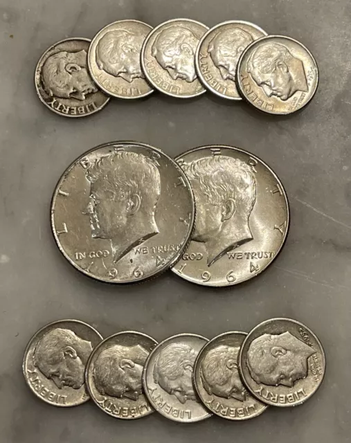 $2 Face 90% Silver 2 1964 Kennedy Half Dollar 10 Roosevelt Dime Choose # of Lots