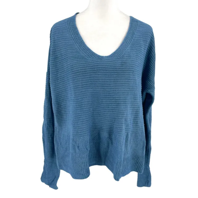 Eileen Fisher 100% Organic Linen Open Knit V-Neck Sweater Ocean Blue size Medium
