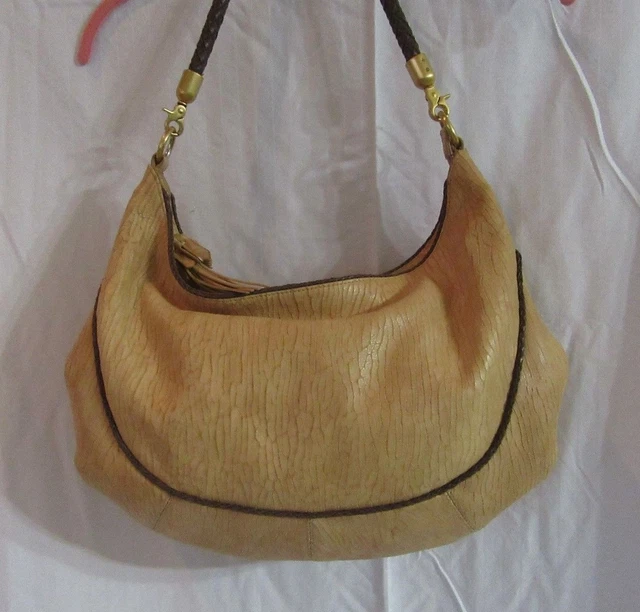 Sondra Roberts Wood Grained Tanned Leather Espresso Braided Hobo Handbag