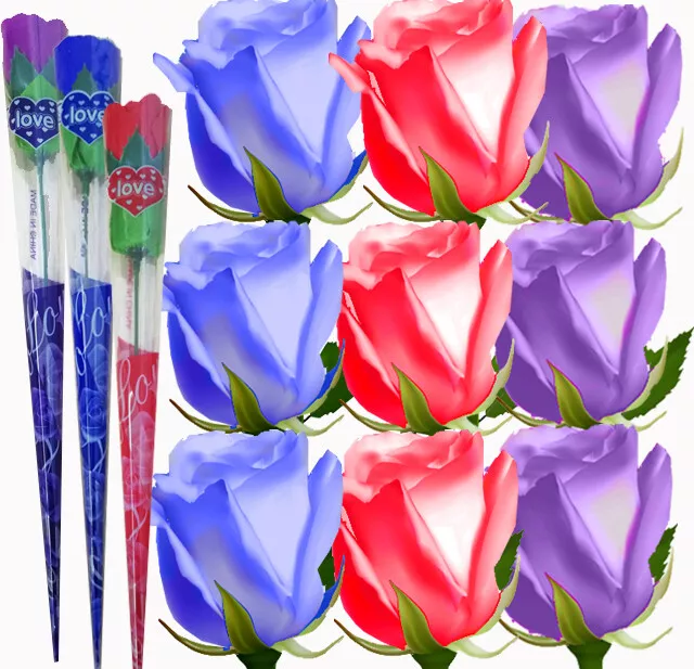 Regalo San Valentino Mazzo di rose Artificiali da 26/28cm Colori Rossa Blu Viola