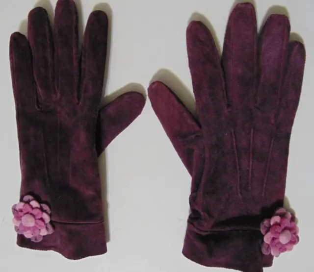 The Loft Ann Taylor purple plum suede leather gloves felt floral detail L