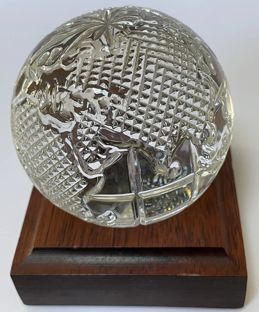 Waterford Crystal Cut Glass World Globe Round Paperweight Wood Base Signed VTG
