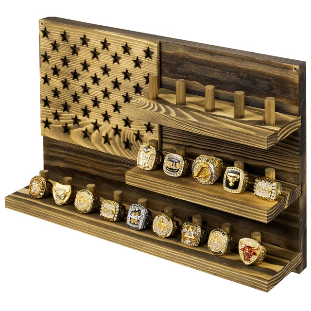 Wall Mounted Brown Wood Championship Ring Holder, Jewelry Display Case Rack