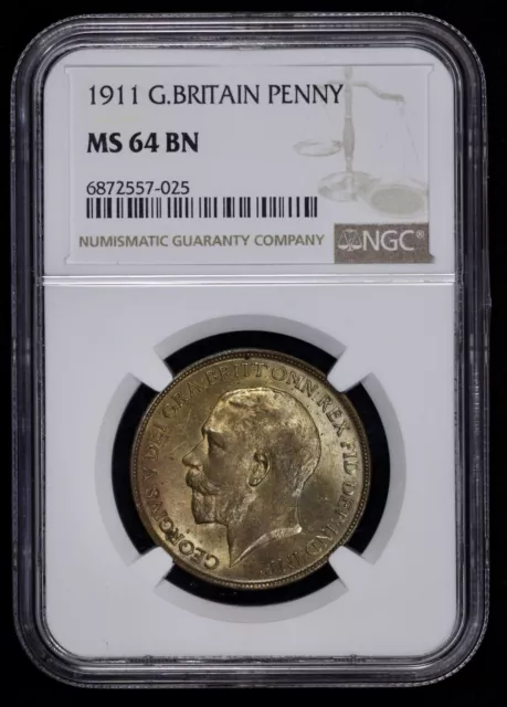 1911 Great Britain Penny NGC MS 64 BN