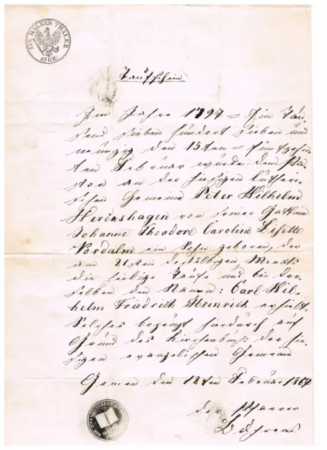 TAUFSCHEIN 1797 WERKSHAGEN Chemiker,Apotheker,Sodaprivileg von 1867