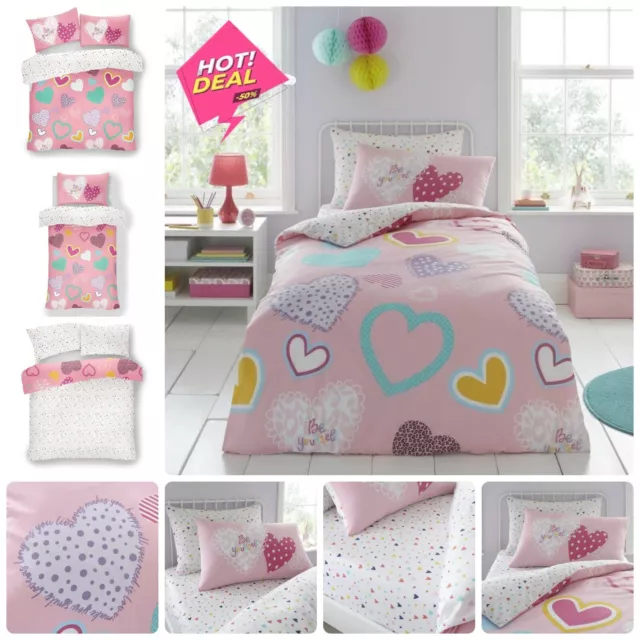 KIDS HEARTS DUVET COVER SET Reversible Quilt Bedding Fitted Sheet Single Double