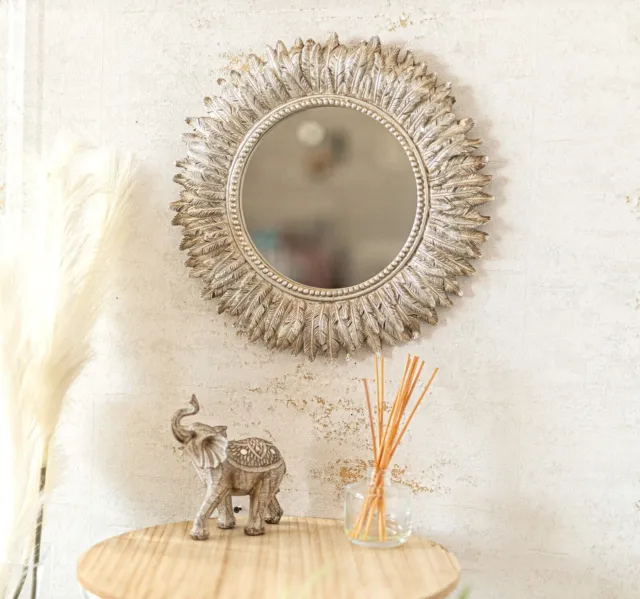 Antik Silber Rund Feder Wandspiegel Wohnzimmer Schlafzimmer Waschtisch Spiegel