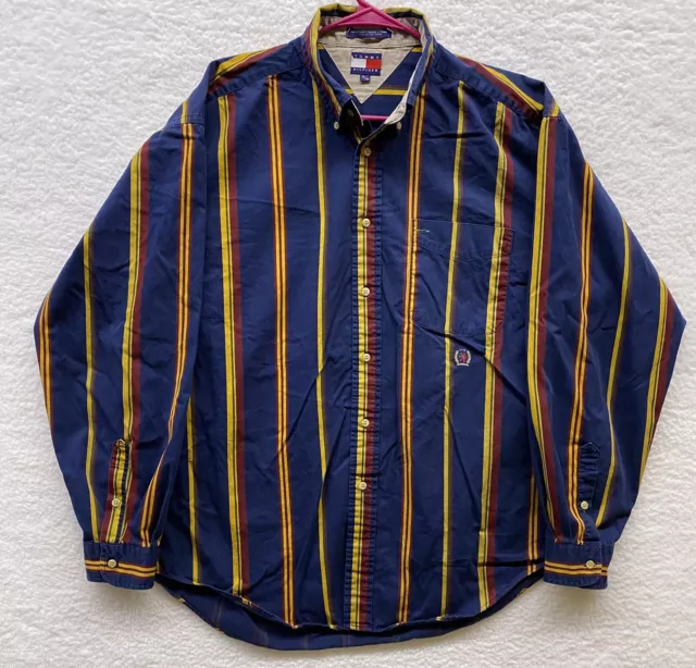 VTG Tommy Hilfiger Shirt Mens XL Blue 90s Striped Button Pen Pocket Crest Logo