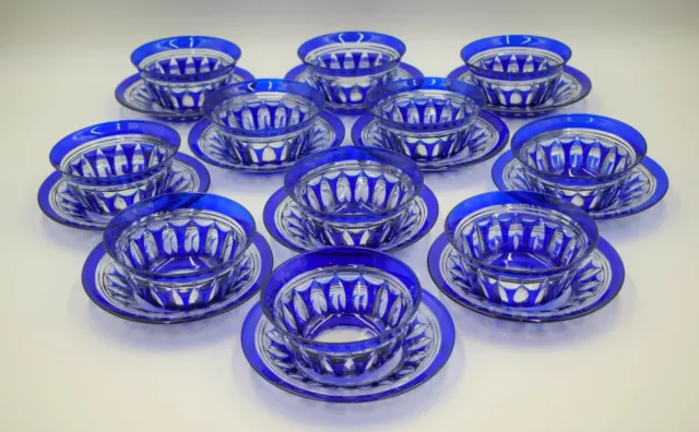 11 Val Saint Lambert Cobalt Cut to Clear Glass Bowls & Underplates, Circa 1935